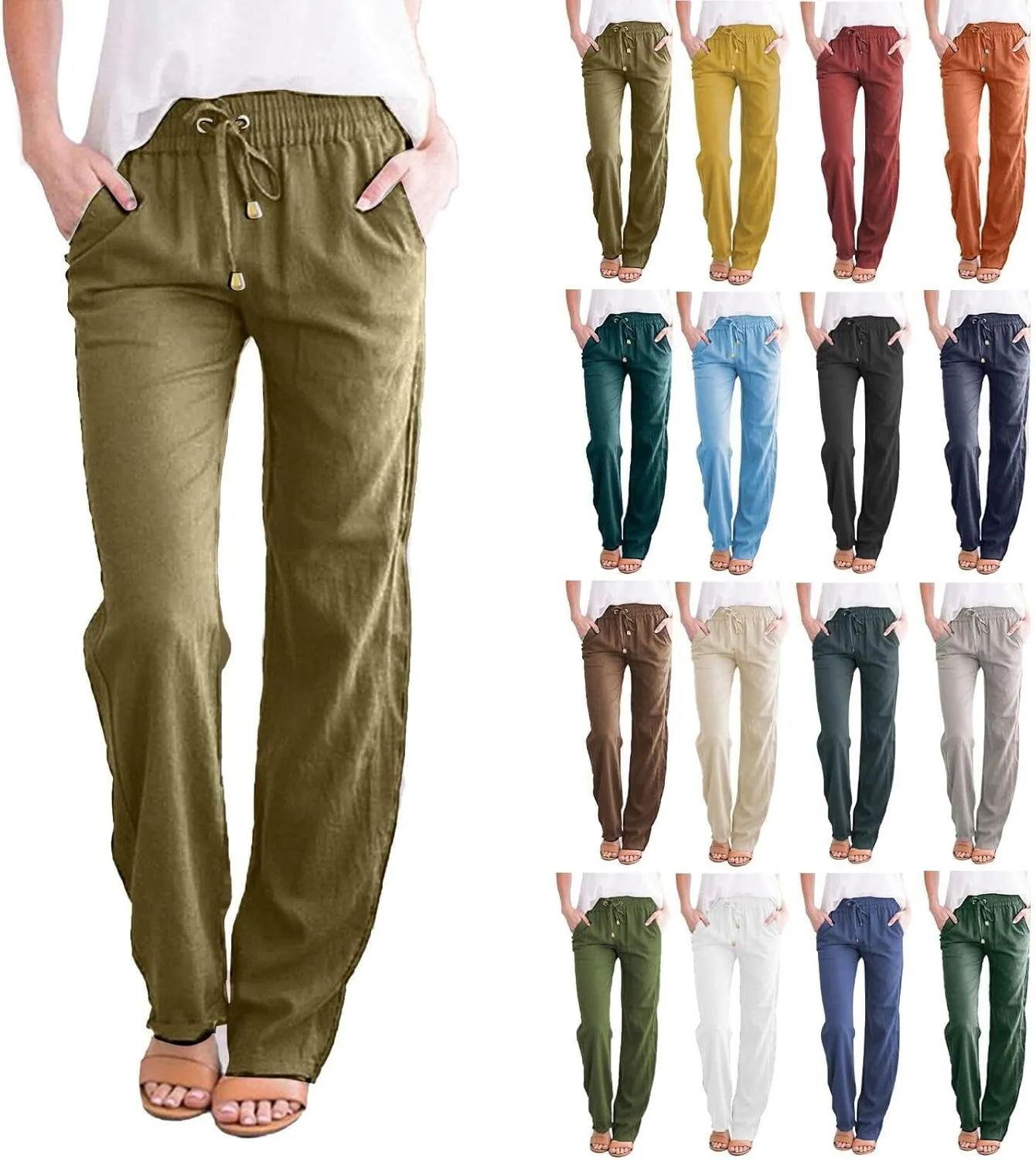 Women's Casual Tapered Pants Drawstring Elastic Waist,Comfortable Linen Trousers with Pockets, Wide-Leg Lounge Pants