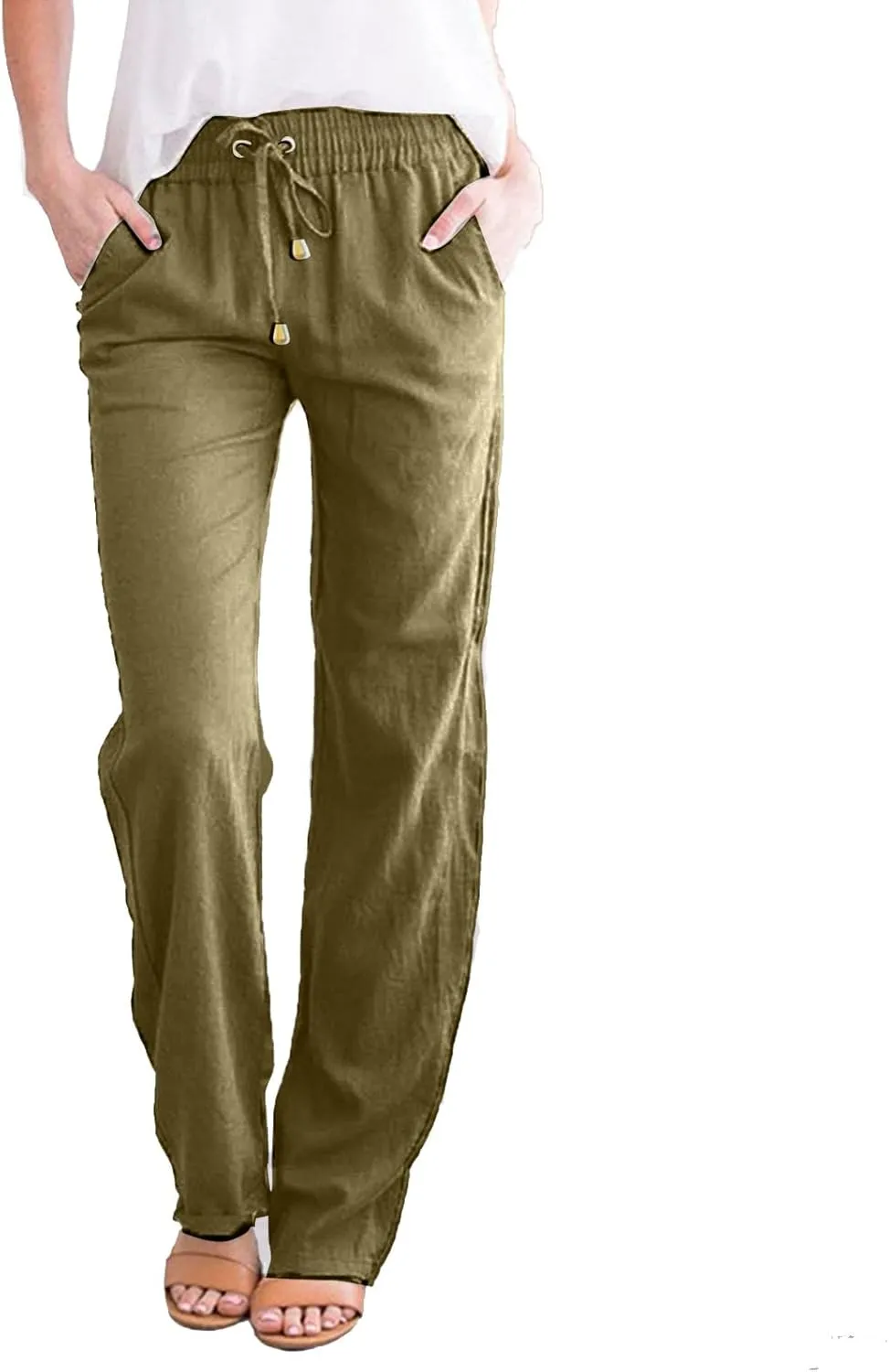 Women's Casual Tapered Pants Drawstring Elastic Waist,Comfortable Linen Trousers with Pockets, Wide-Leg Lounge Pants