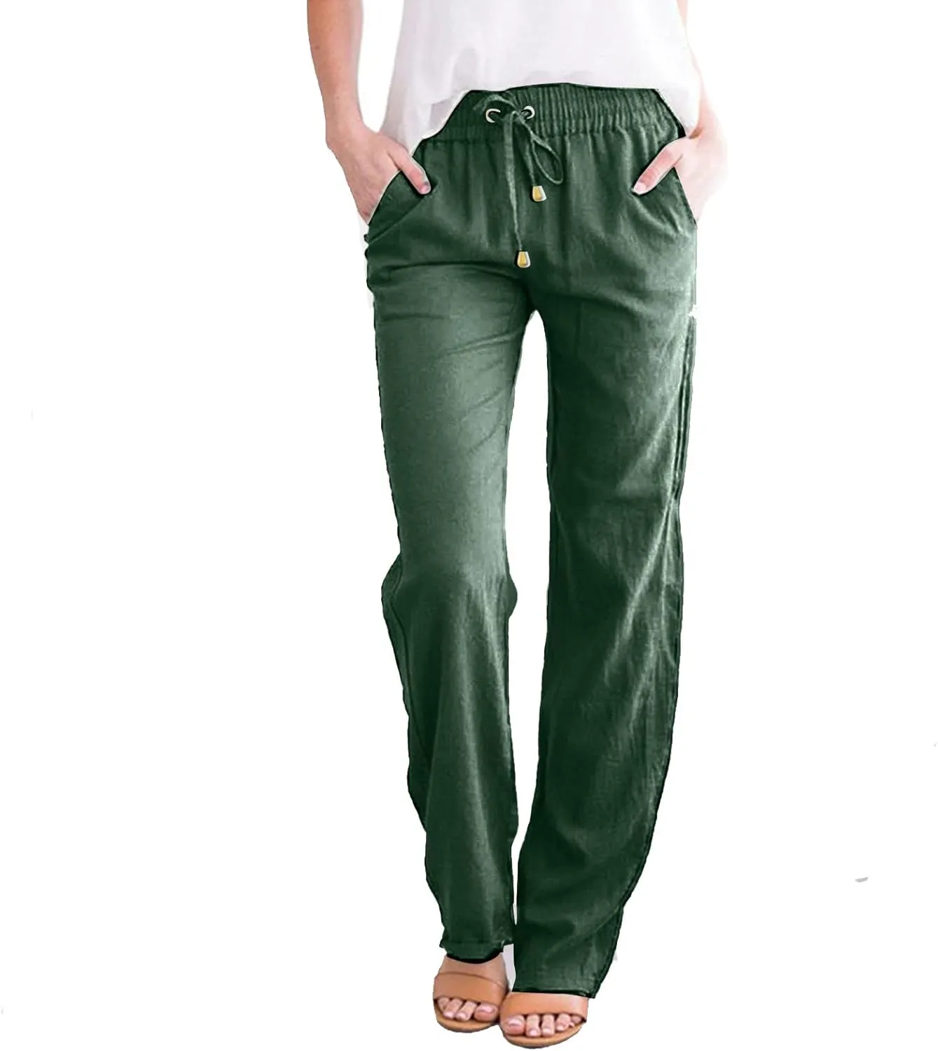 Women's Casual Tapered Pants Drawstring Elastic Waist,Comfortable Linen Trousers with Pockets, Wide-Leg Lounge Pants