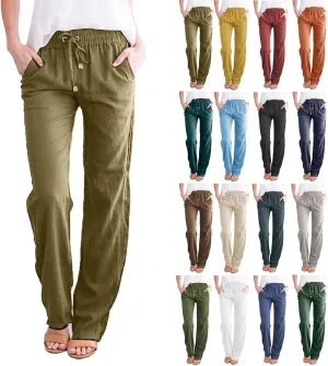 Women's Casual Tapered Pants Drawstring Elastic Waist,Comfortable Linen Trousers with Pockets, Wide-Leg Lounge Pants