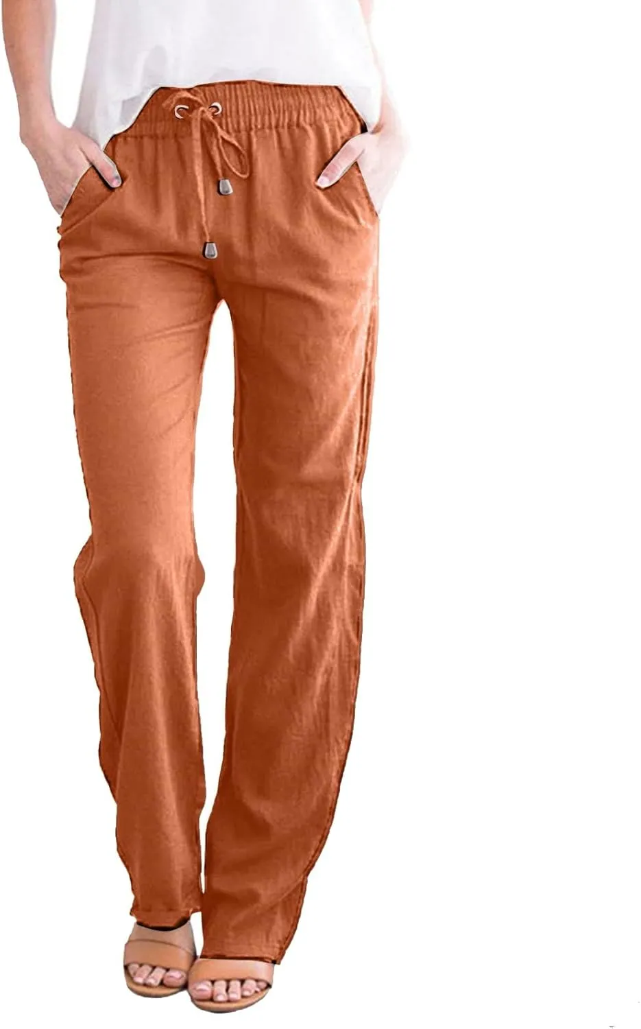 Women's Casual Tapered Pants Drawstring Elastic Waist,Comfortable Linen Trousers with Pockets, Wide-Leg Lounge Pants