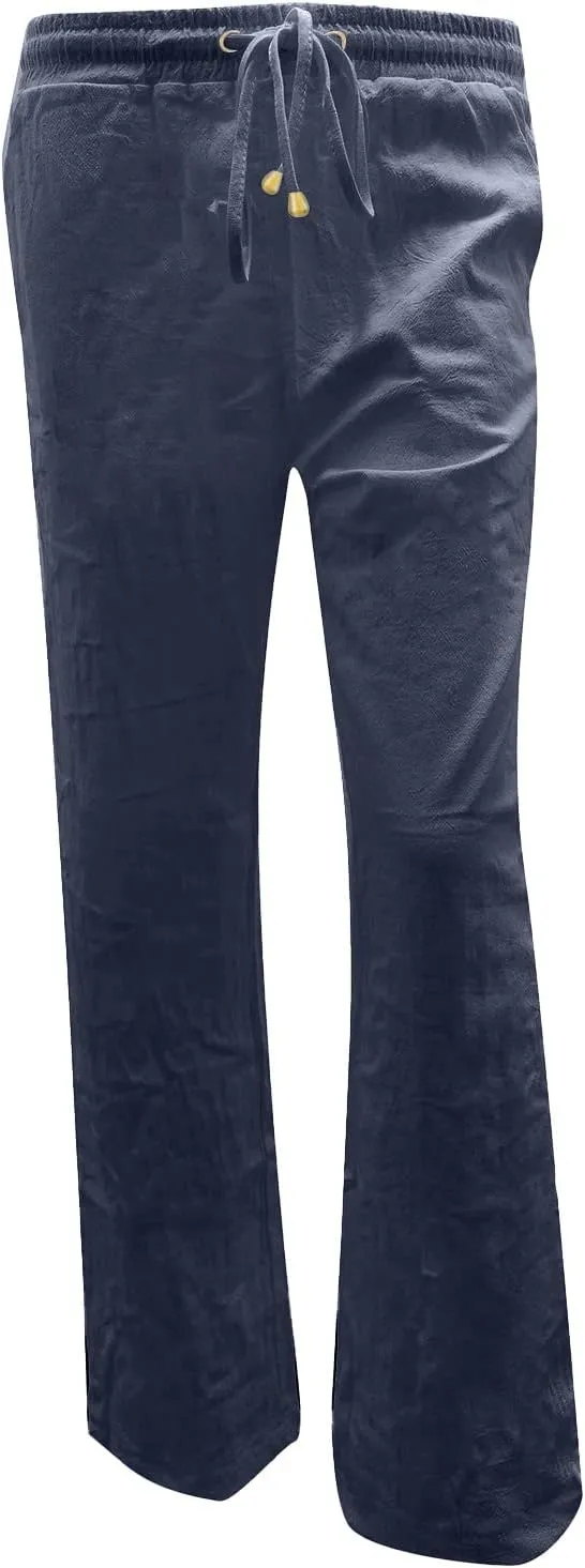 Women's Casual Tapered Pants Drawstring Elastic Waist,Comfortable Linen Trousers with Pockets, Wide-Leg Lounge Pants