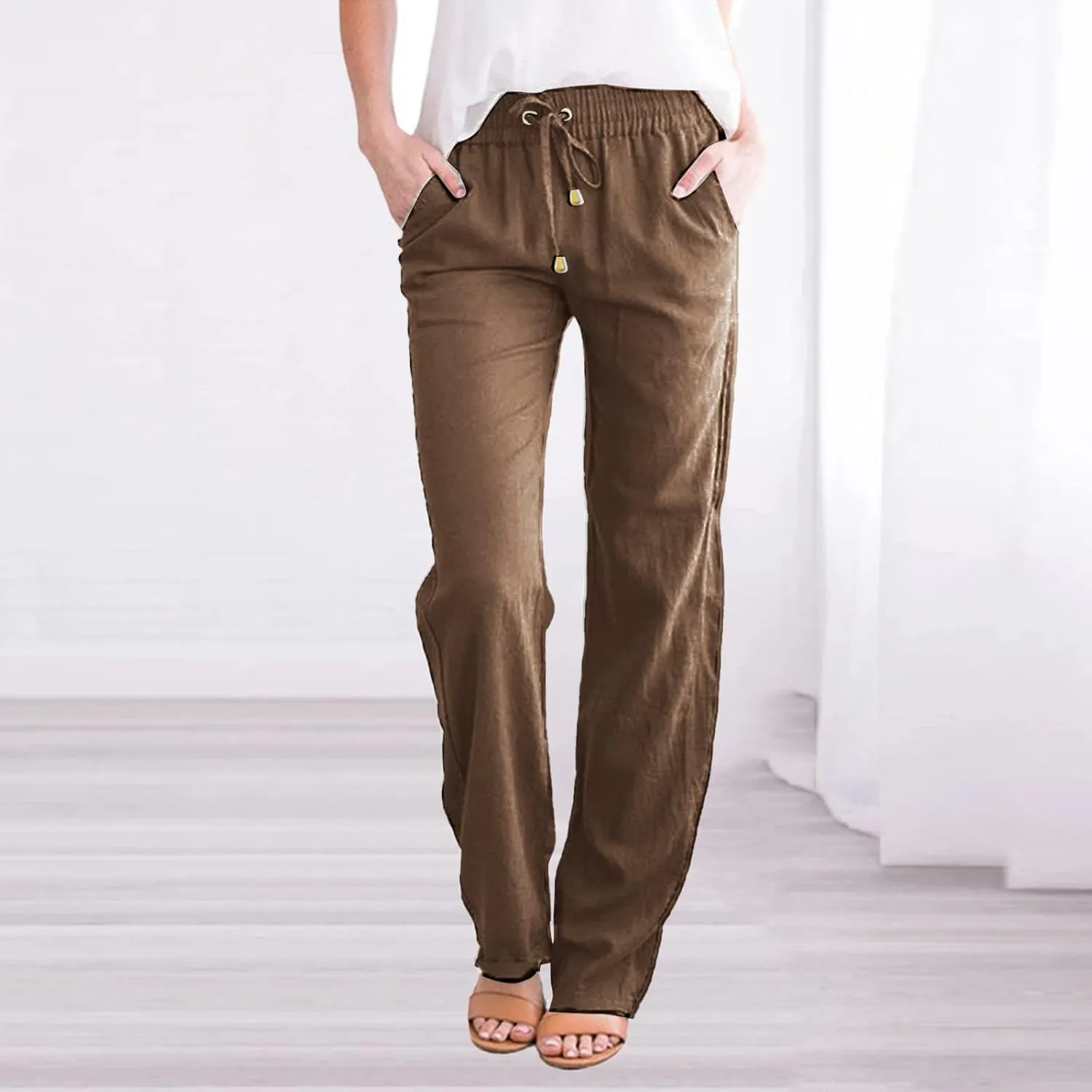 Women's Casual Tapered Pants Drawstring Elastic Waist,Comfortable Linen Trousers with Pockets, Wide-Leg Lounge Pants