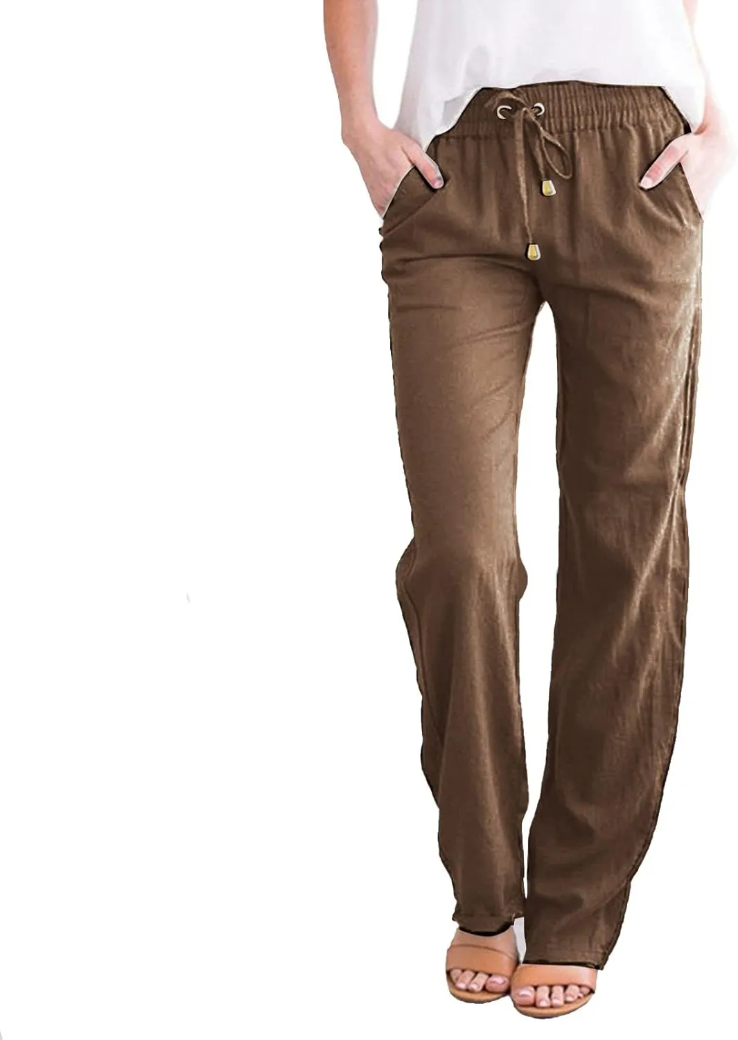 Women's Casual Tapered Pants Drawstring Elastic Waist,Comfortable Linen Trousers with Pockets, Wide-Leg Lounge Pants