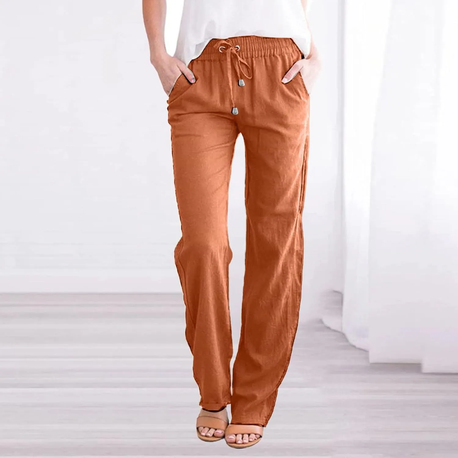 Women's Casual Tapered Pants Drawstring Elastic Waist,Comfortable Linen Trousers with Pockets, Wide-Leg Lounge Pants
