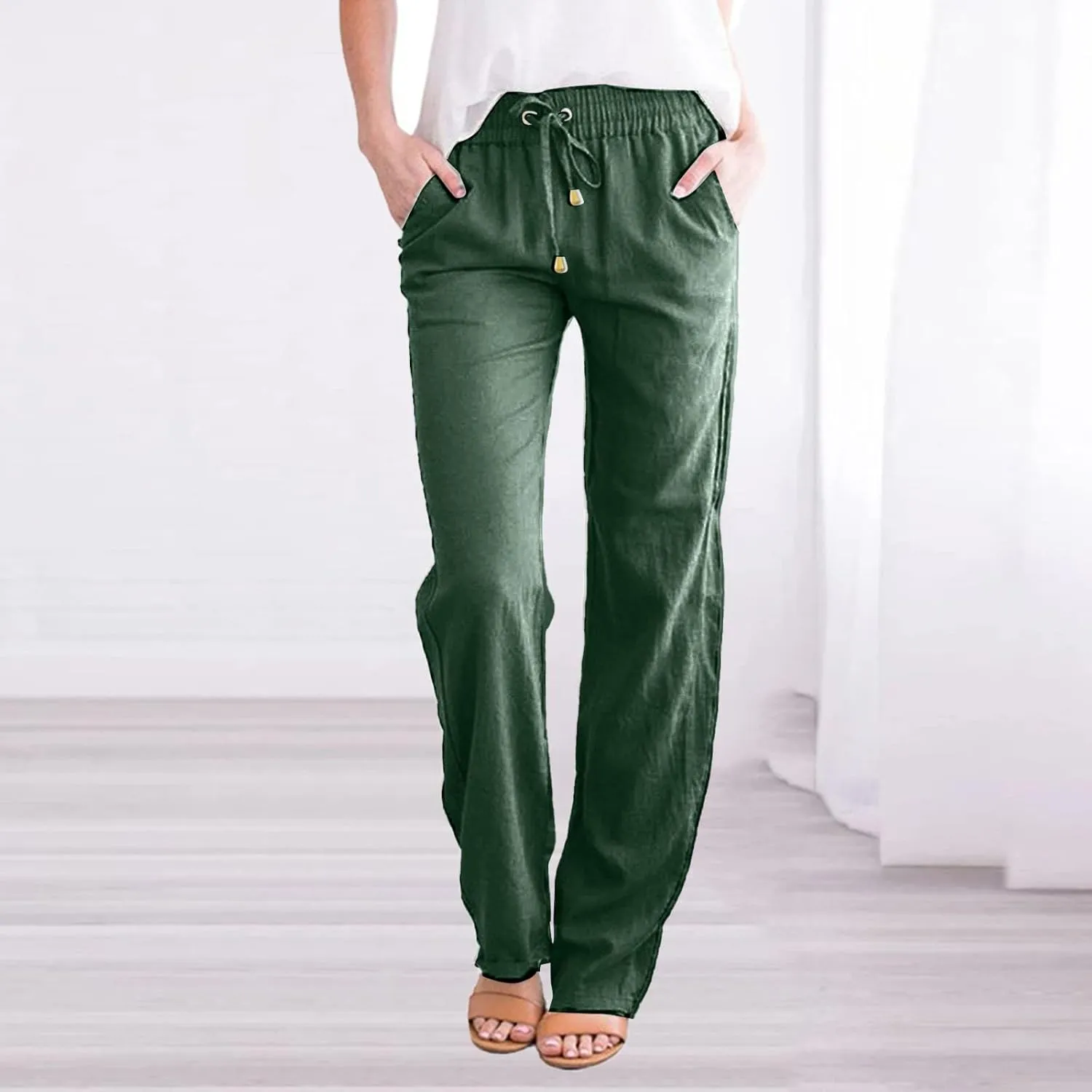 Women's Casual Tapered Pants Drawstring Elastic Waist,Comfortable Linen Trousers with Pockets, Wide-Leg Lounge Pants