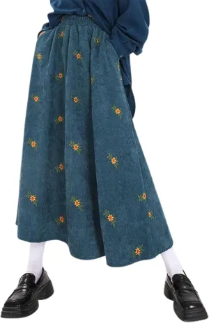 Womens Corduroy Floral Embroidery Long Skirts,Embroidery A-line Flared Swing Midi Skirt,Elastic Waist Corduroy Maxi Skirt