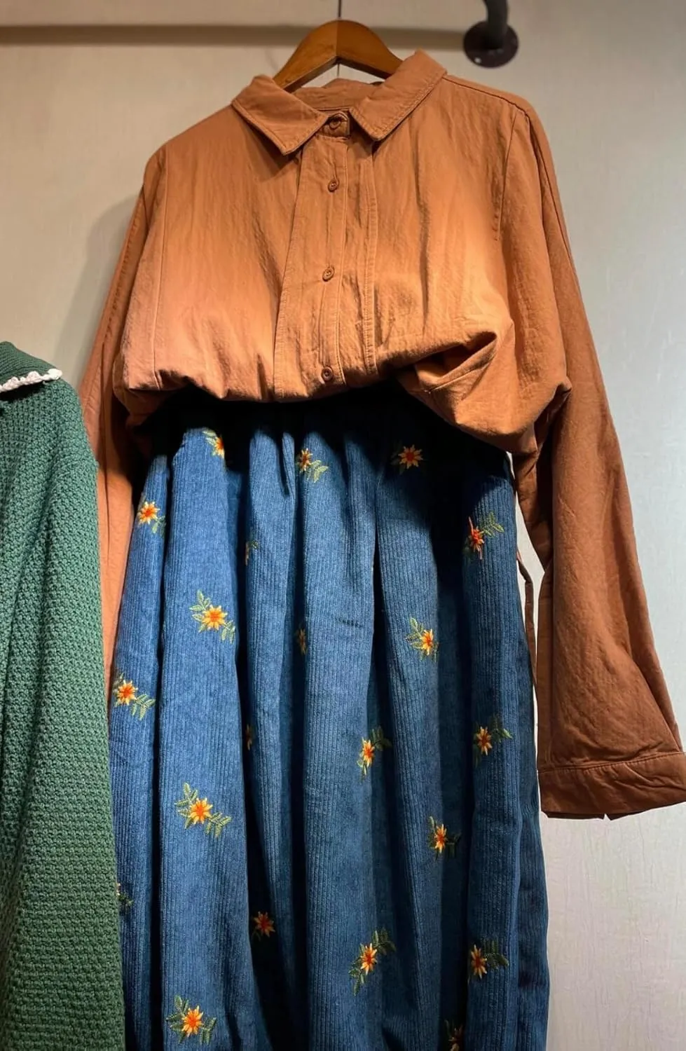 Womens Corduroy Floral Embroidery Long Skirts,Embroidery A-line Flared Swing Midi Skirt,Elastic Waist Corduroy Maxi Skirt