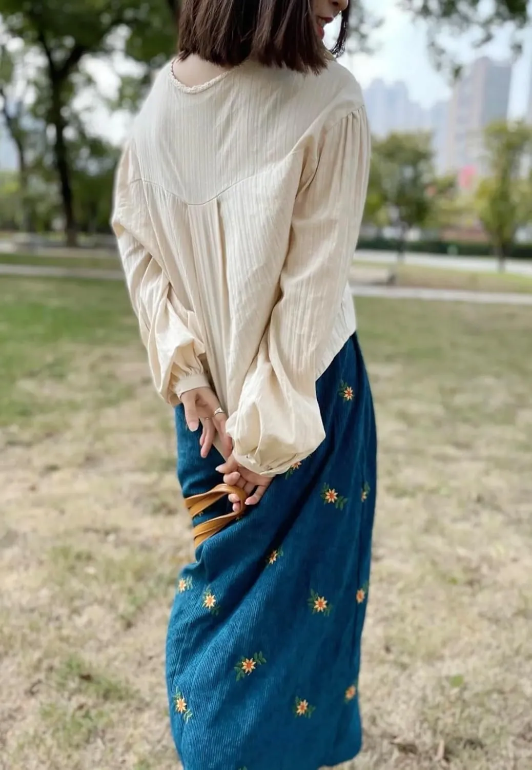 Womens Corduroy Floral Embroidery Long Skirts,Embroidery A-line Flared Swing Midi Skirt,Elastic Waist Corduroy Maxi Skirt