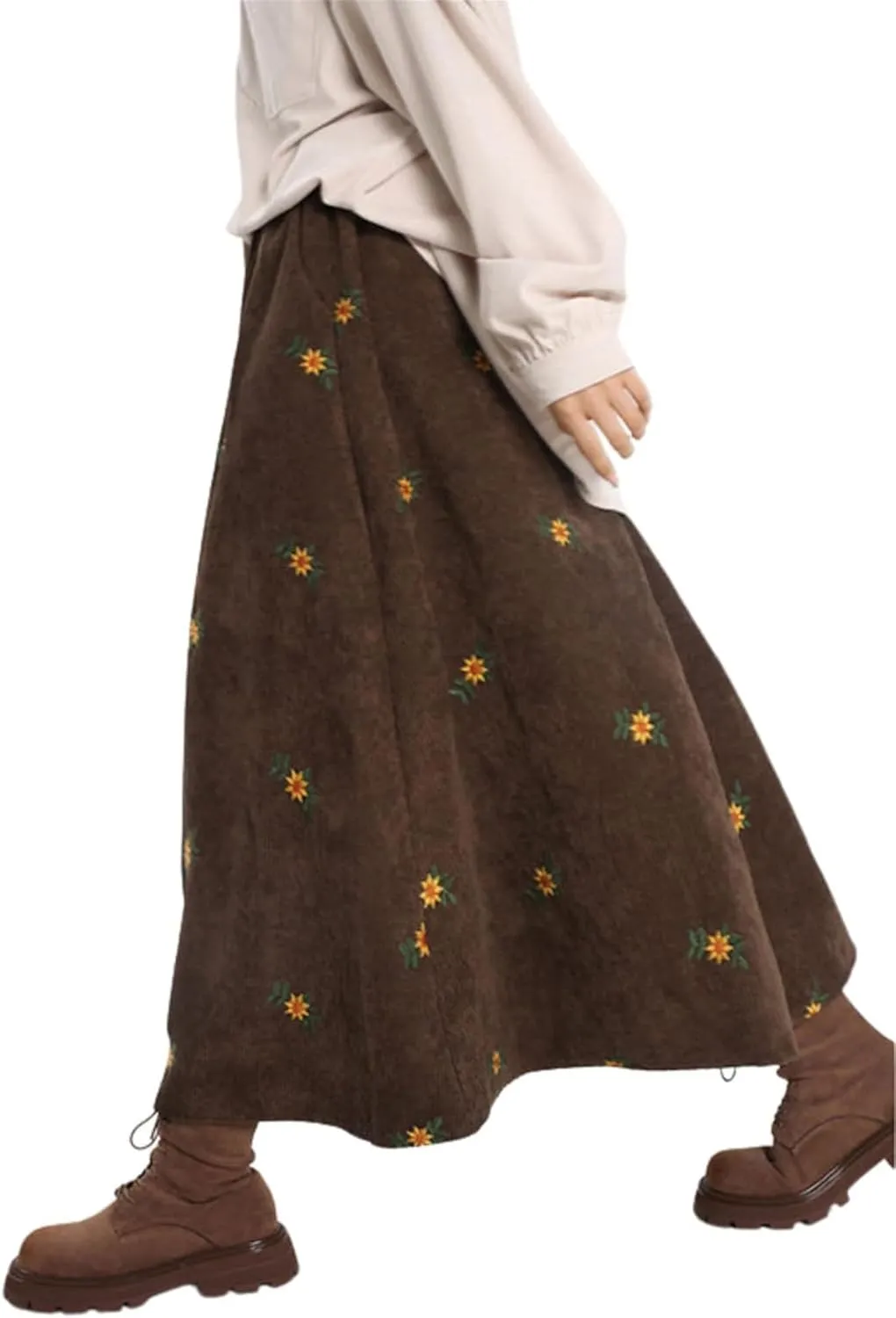 Womens Corduroy Floral Embroidery Long Skirts,Embroidery A-line Flared Swing Midi Skirt,Elastic Waist Corduroy Maxi Skirt