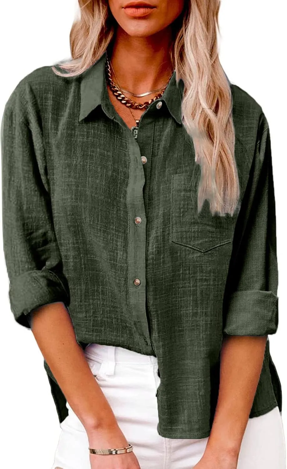 Womens Cotton Linen Button Down Shirts Long Sleeve Collared Gauze Blouses Business Casual Tshirts Loose Summer Tops