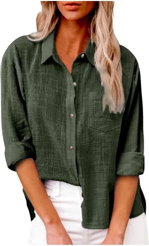 Womens Cotton Linen Button Down Shirts Long Sleeve Collared Gauze Blouses Business Casual Tshirts Loose Summer Tops