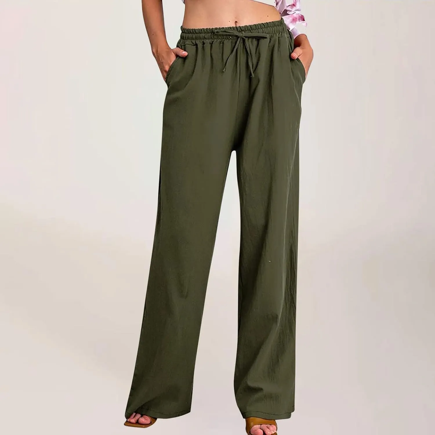 Women's Cotton Linen Palazzo Pants Wide Leg Beach Pants Summer Lightweight Pants Plus Size Lounge Pants with Pockets