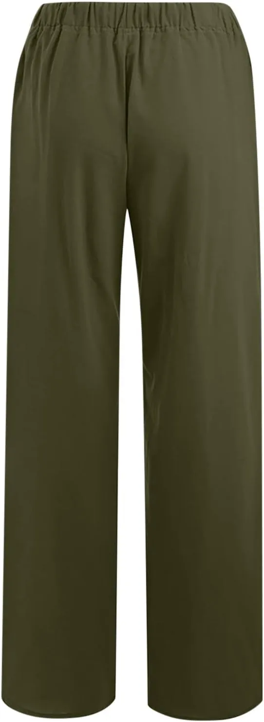 Women's Cotton Linen Palazzo Pants Wide Leg Beach Pants Summer Lightweight Pants Plus Size Lounge Pants with Pockets