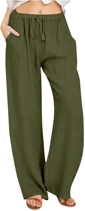 Women's Cotton Linen Palazzo Pants Wide Leg Beach Pants Summer Lightweight Pants Plus Size Lounge Pants with Pockets