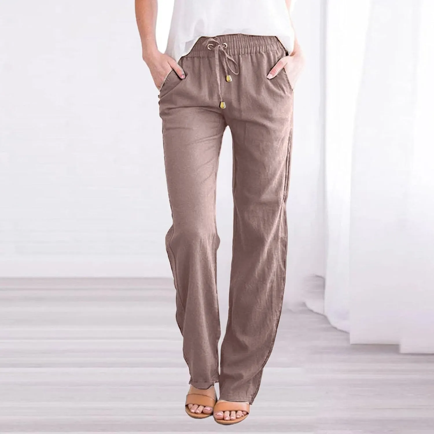Women's Cotton Linen Pants 2025 Summer Casual Elastic Waist Trousers Relax Fit Comfy Yoga Beach Pant Sweatpants