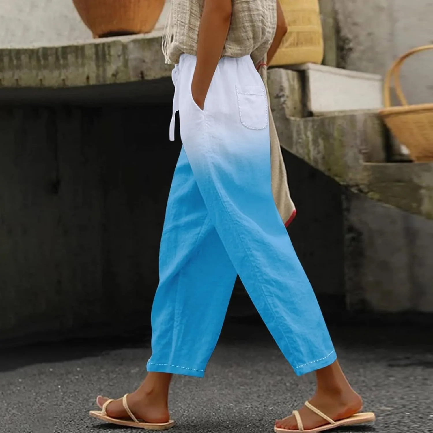 Womens Cotton Linen Pants Drawstring Capri Pants with Pockets Wide Wide Straight Leg Pants Women Elastic Waist Pants
