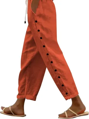 Womens Cotton Linen Pants Drawstring Capri Pants with Pockets Wide Wide Straight Leg Pants Women Elastic Waist Pants