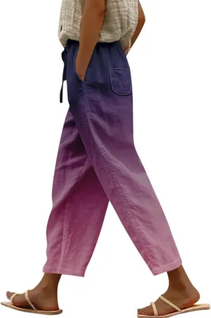 Womens Cotton Linen Pants Drawstring Capri Pants with Pockets Wide Wide Straight Leg Pants Women Elastic Waist Pants