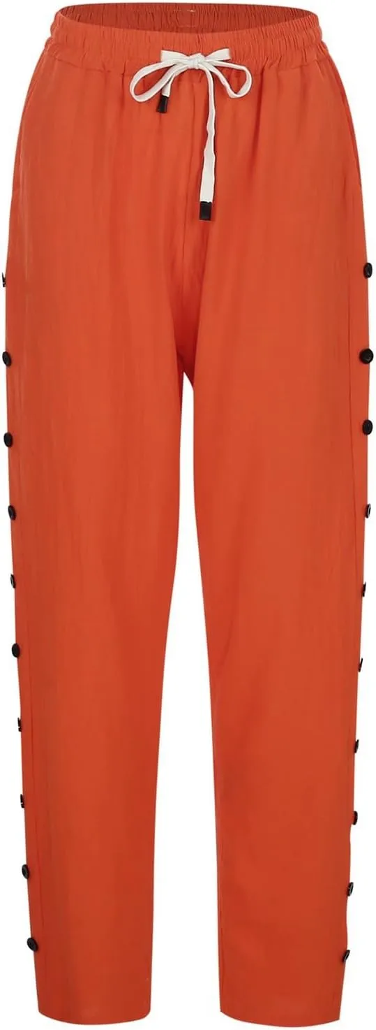 Womens Cotton Linen Pants Drawstring Capri Pants with Pockets Wide Wide Straight Leg Pants Women Elastic Waist Pants