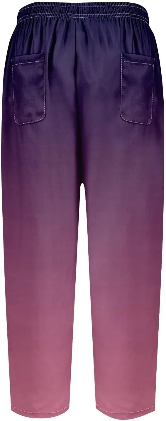 Womens Cotton Linen Pants Drawstring Capri Pants with Pockets Wide Wide Straight Leg Pants Women Elastic Waist Pants