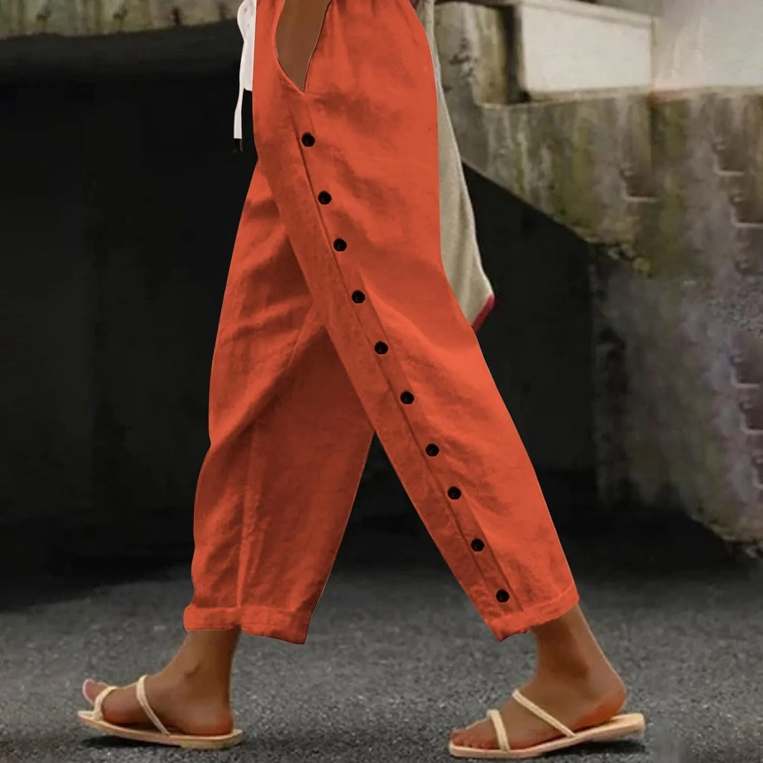 Womens Cotton Linen Pants Drawstring Capri Pants with Pockets Wide Wide Straight Leg Pants Women Elastic Waist Pants