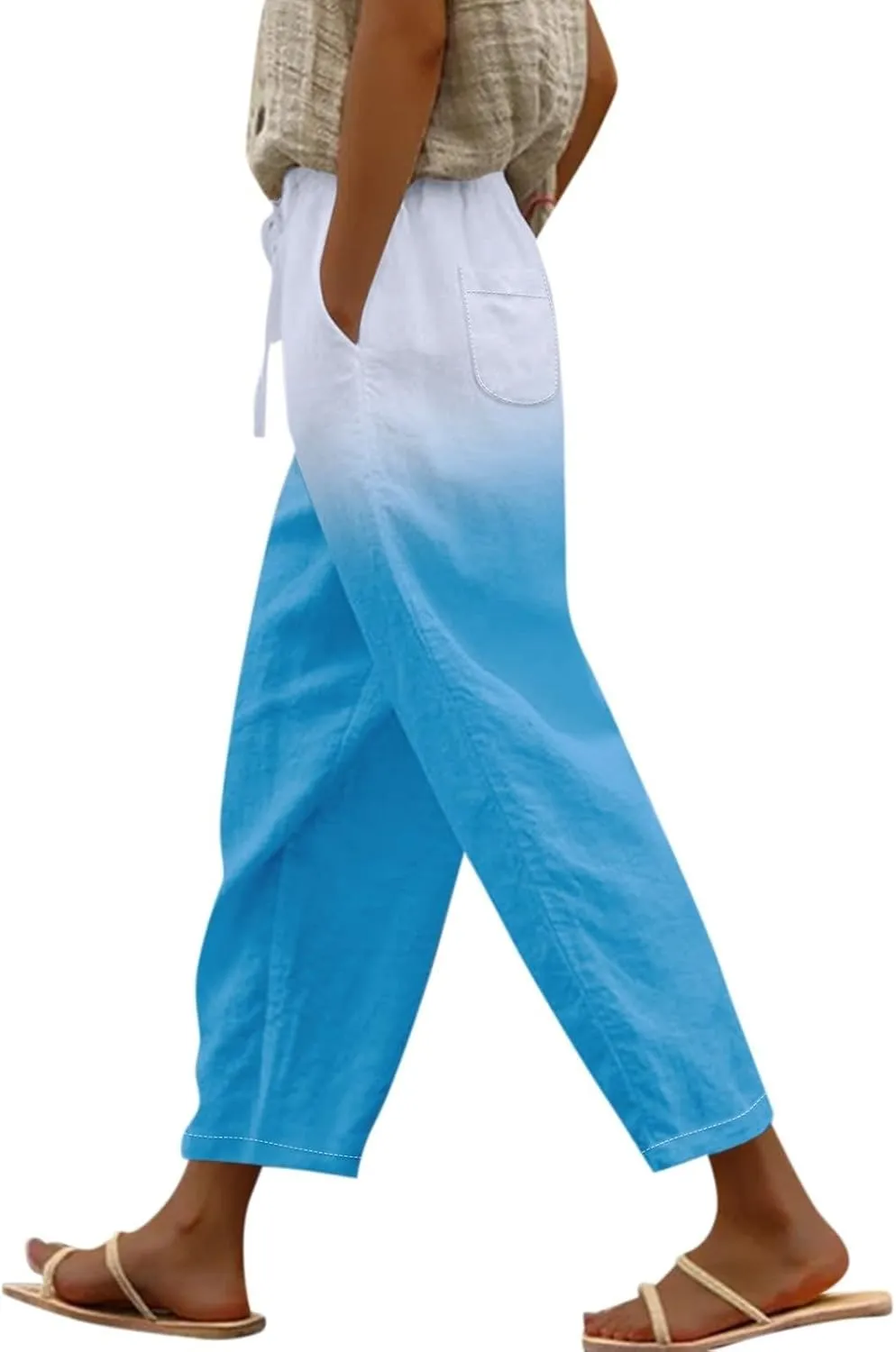 Womens Cotton Linen Pants Drawstring Capri Pants with Pockets Wide Wide Straight Leg Pants Women Elastic Waist Pants