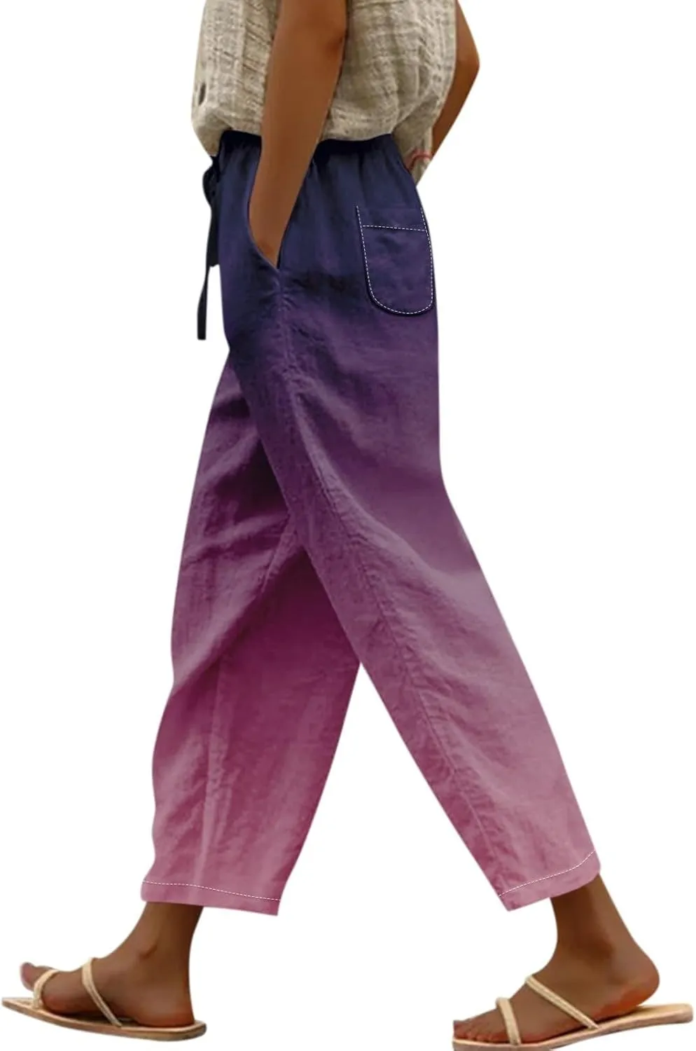 Womens Cotton Linen Pants Drawstring Capri Pants with Pockets Wide Wide Straight Leg Pants Women Elastic Waist Pants
