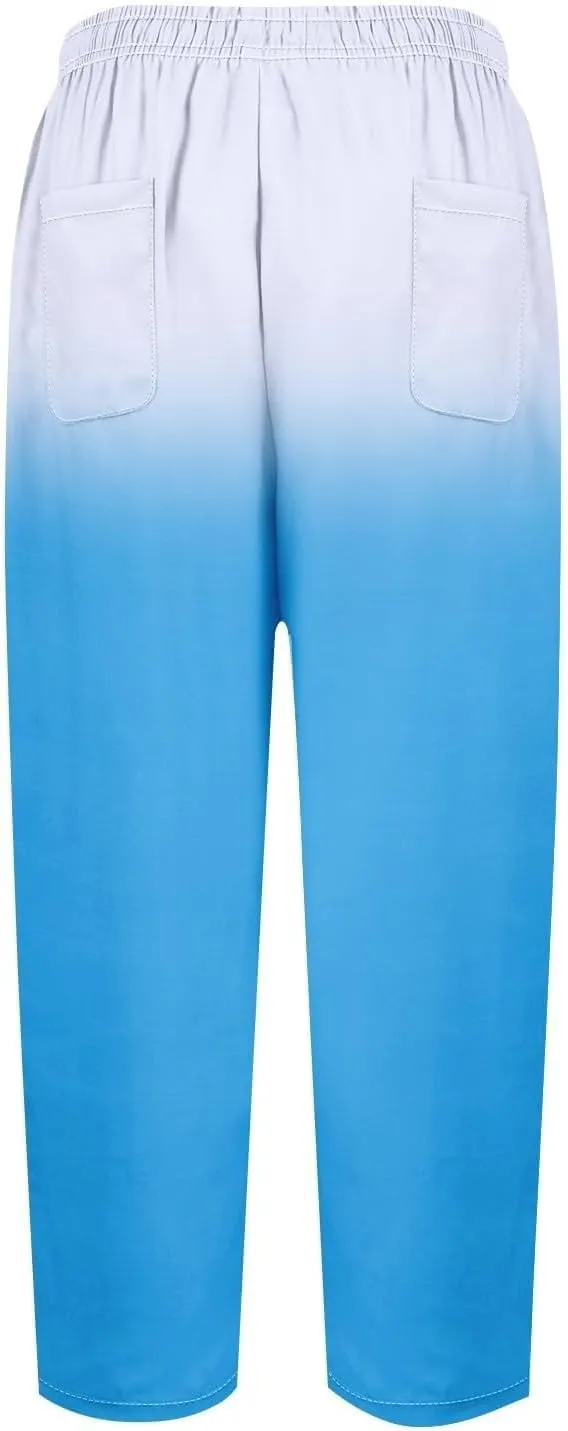Womens Cotton Linen Pants Drawstring Capri Pants with Pockets Wide Wide Straight Leg Pants Women Elastic Waist Pants