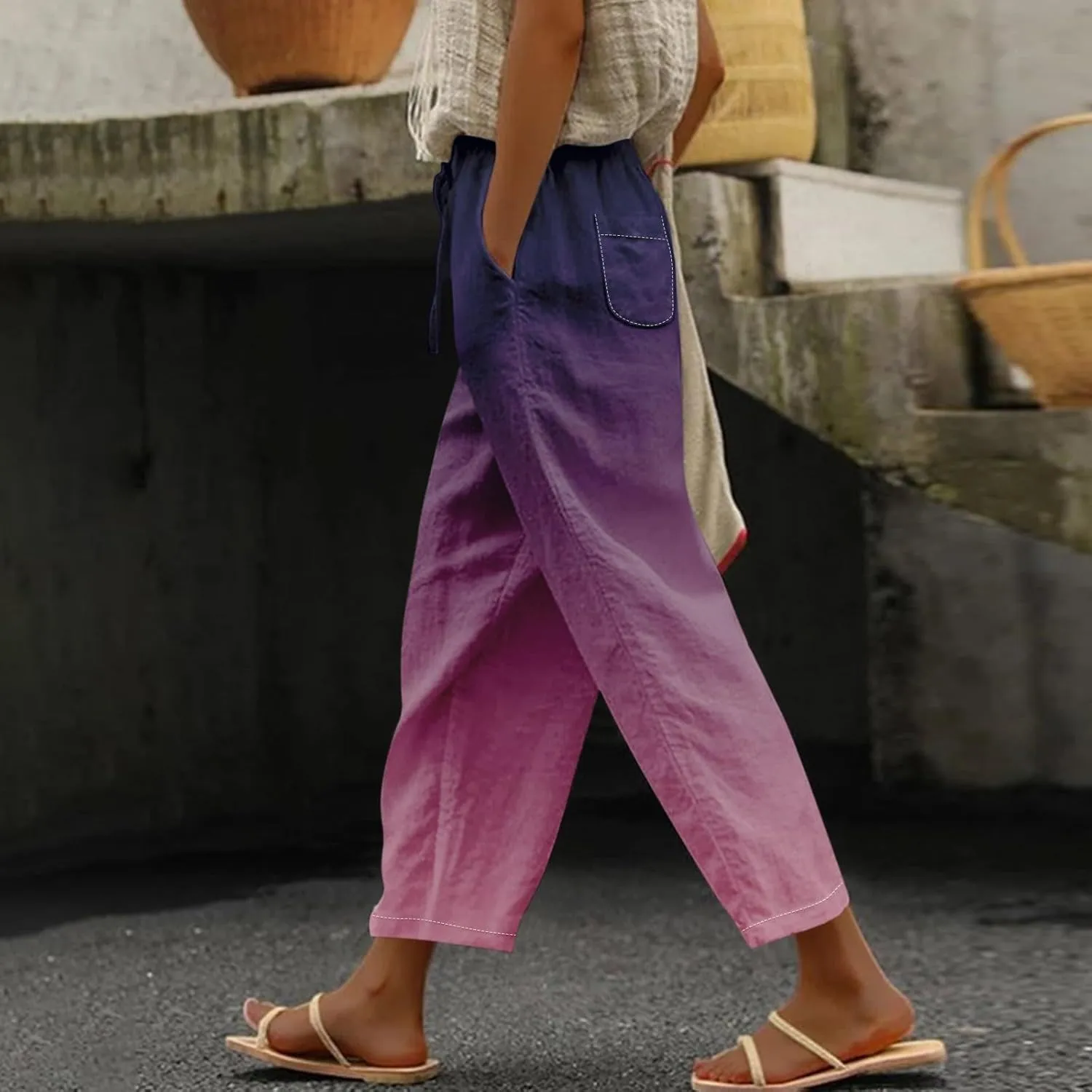 Womens Cotton Linen Pants Drawstring Capri Pants with Pockets Wide Wide Straight Leg Pants Women Elastic Waist Pants