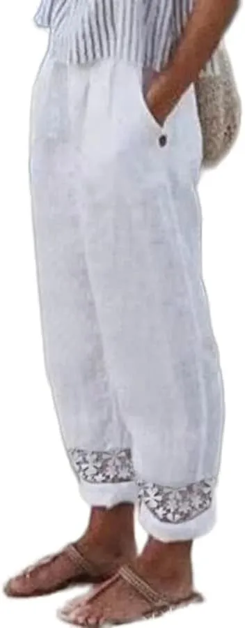 Womens Cotton Linen Pants High Waist Lace Trim Loose Fit Summer Beach Trousers with Pockets White