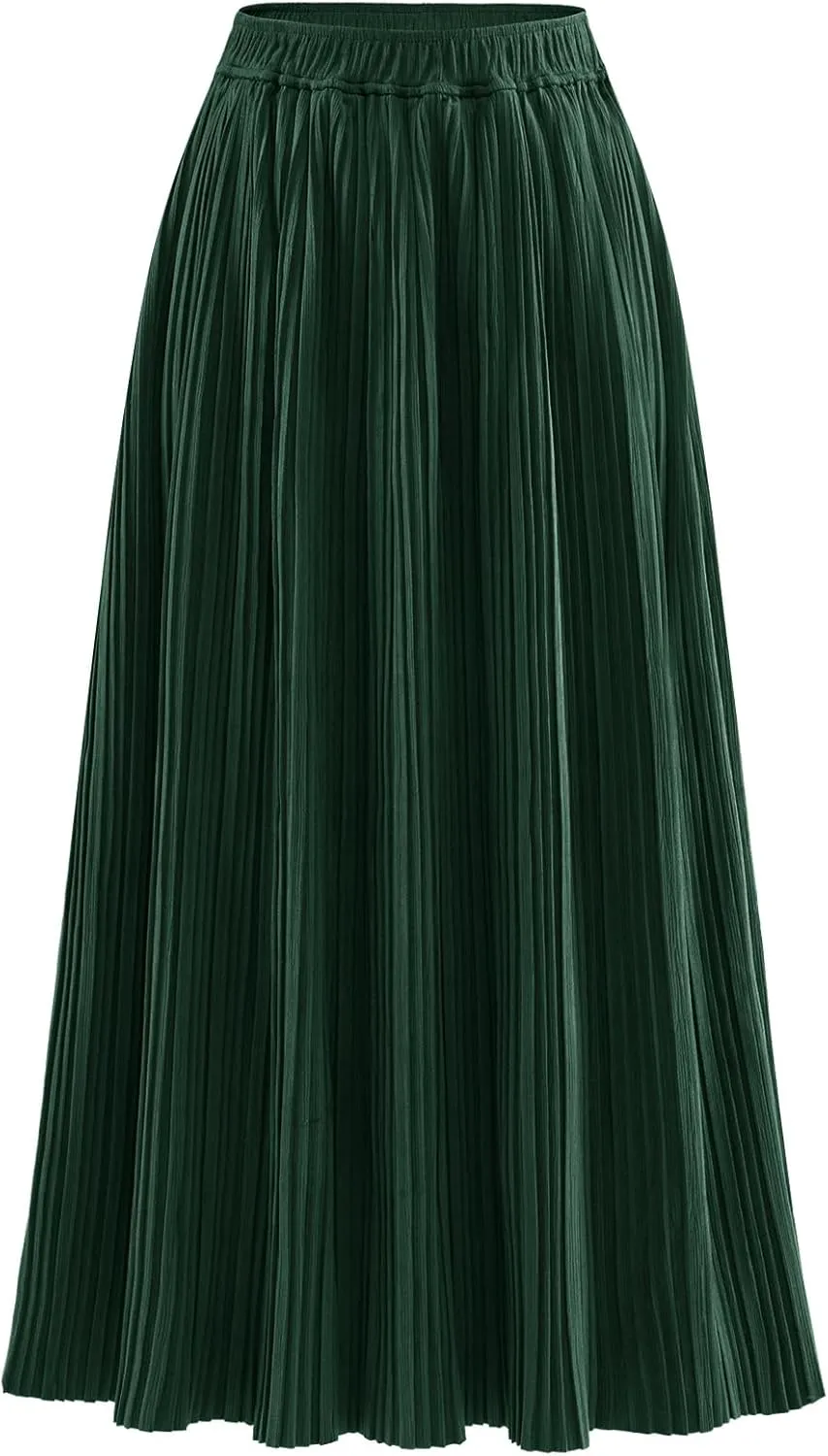 Womens Elastic High Waist Pleated Maxi Skirt Swing Casual A-Line Flowy MaxiLength Retro Long Skirts for Women