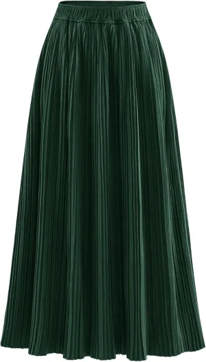 Womens Elastic High Waist Pleated Maxi Skirt Swing Casual A-Line Flowy MaxiLength Retro Long Skirts for Women
