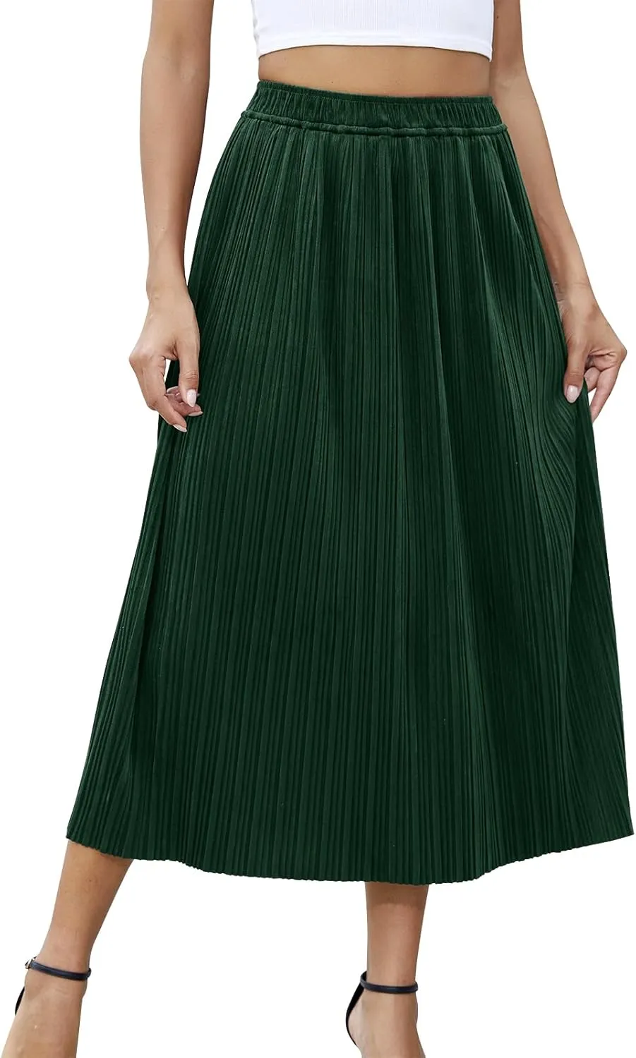Womens Elastic High Waist Pleated Maxi Skirt Swing Casual A-Line Flowy MaxiLength Retro Long Skirts for Women