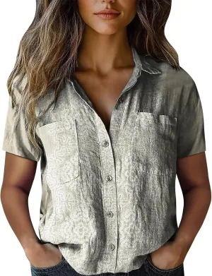 Womens Ethnic Shirts Floral Print Short Sleeve V Neck Button Down Shirt Vintage Causal Boho Blouses Gauze Tunic Tops