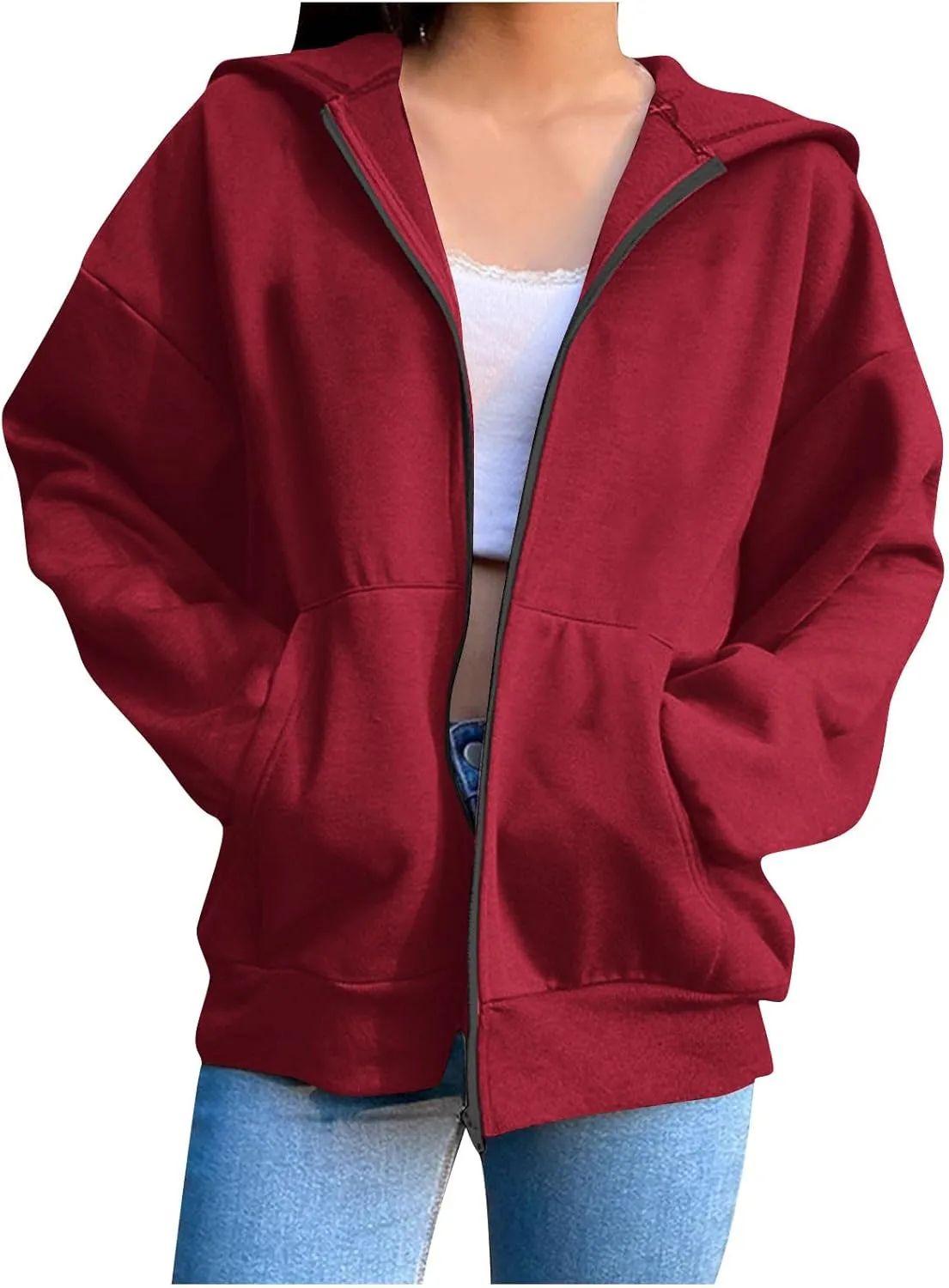 Womens Fall Hoodies Pullover Full Zip Up Jacket Casual Long Sleeve Hooded Sweatshirt with Pockets Fall Oversized Tops
