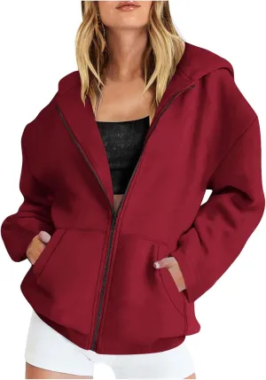 Womens Fall Hoodies Pullover Full Zip Up Jacket Casual Long Sleeve Hooded Sweatshirt with Pockets Fall Oversized Tops