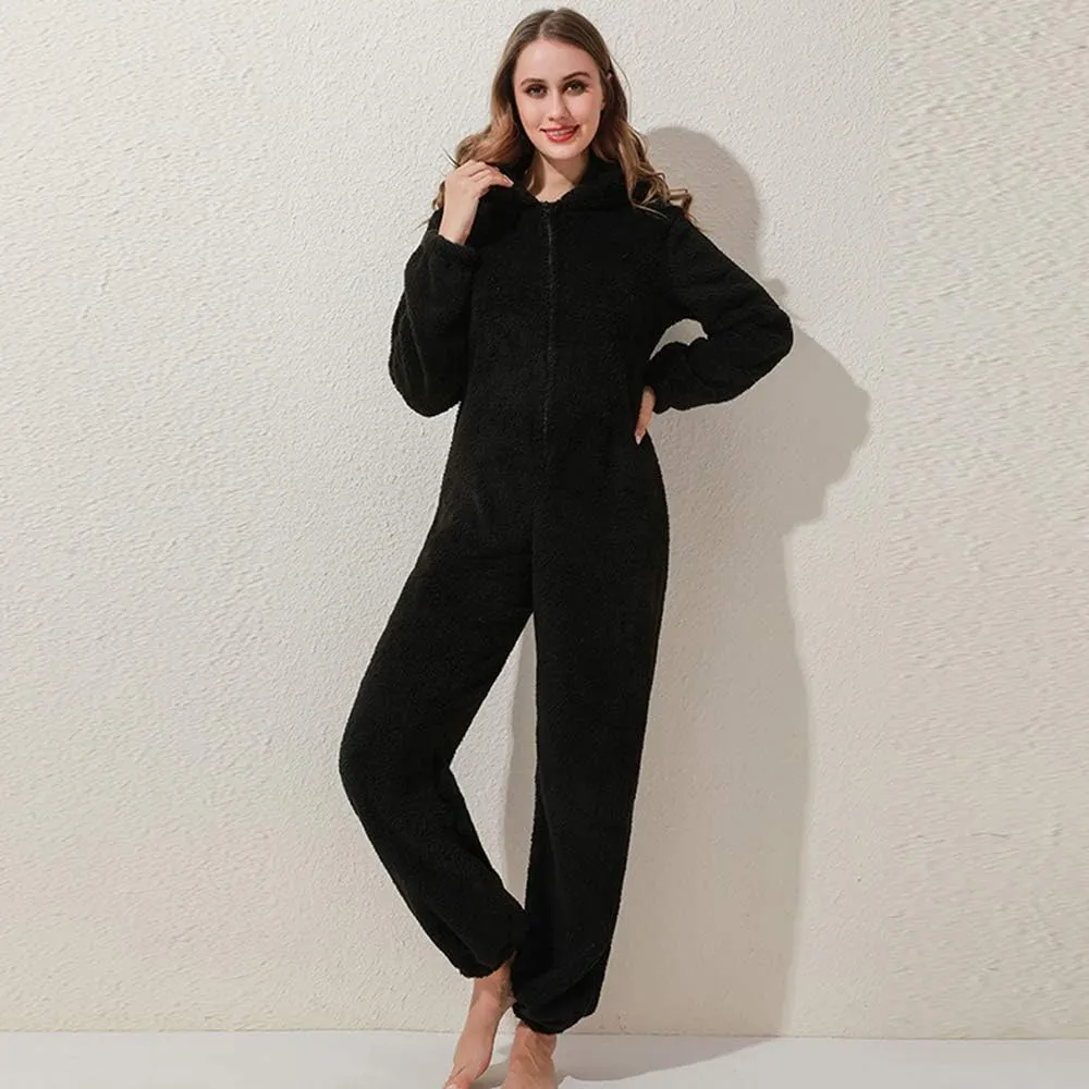 Womens Fleece Onesies Pajamas Jumpsuit Warm Sherpa Romper Sleepwear One Piece Zipper Hooded Playsuit Loungewear