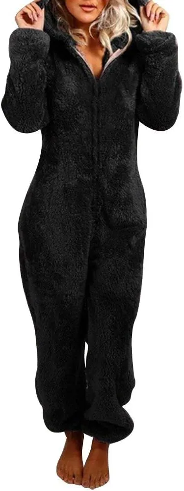Womens Fleece Onesies Pajamas Jumpsuit Warm Sherpa Romper Sleepwear One Piece Zipper Hooded Playsuit Loungewear