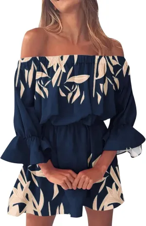 Women's Floral Off Shoulder Half Sleeve Summer Ruffle Flowy Flounce A Line Mini Dress Navy