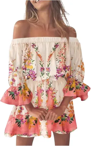 Women's Floral Off Shoulder Half Sleeve Summer Ruffle Flowy Flounce A Line Mini Dress Pink