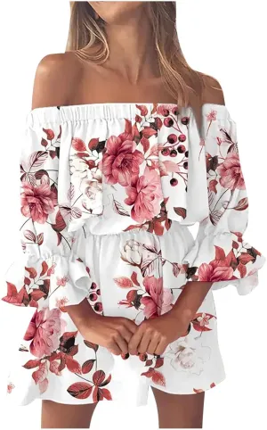 Women's Floral Off Shoulder Half Sleeve Summer Ruffle Flowy Flounce A Line Mini Dress Watermelon Red