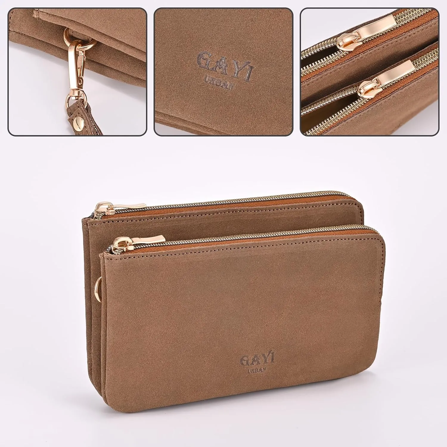 Women's Genuine Leather Double Zip Wristlet Clutch Wallet Purse