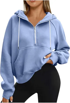 Womens Half Zip Up Hoodies Trendy Cropped Long Sleeve Loose Hooded Pullover Sweatshirt Fall y2k Outfits Clothes