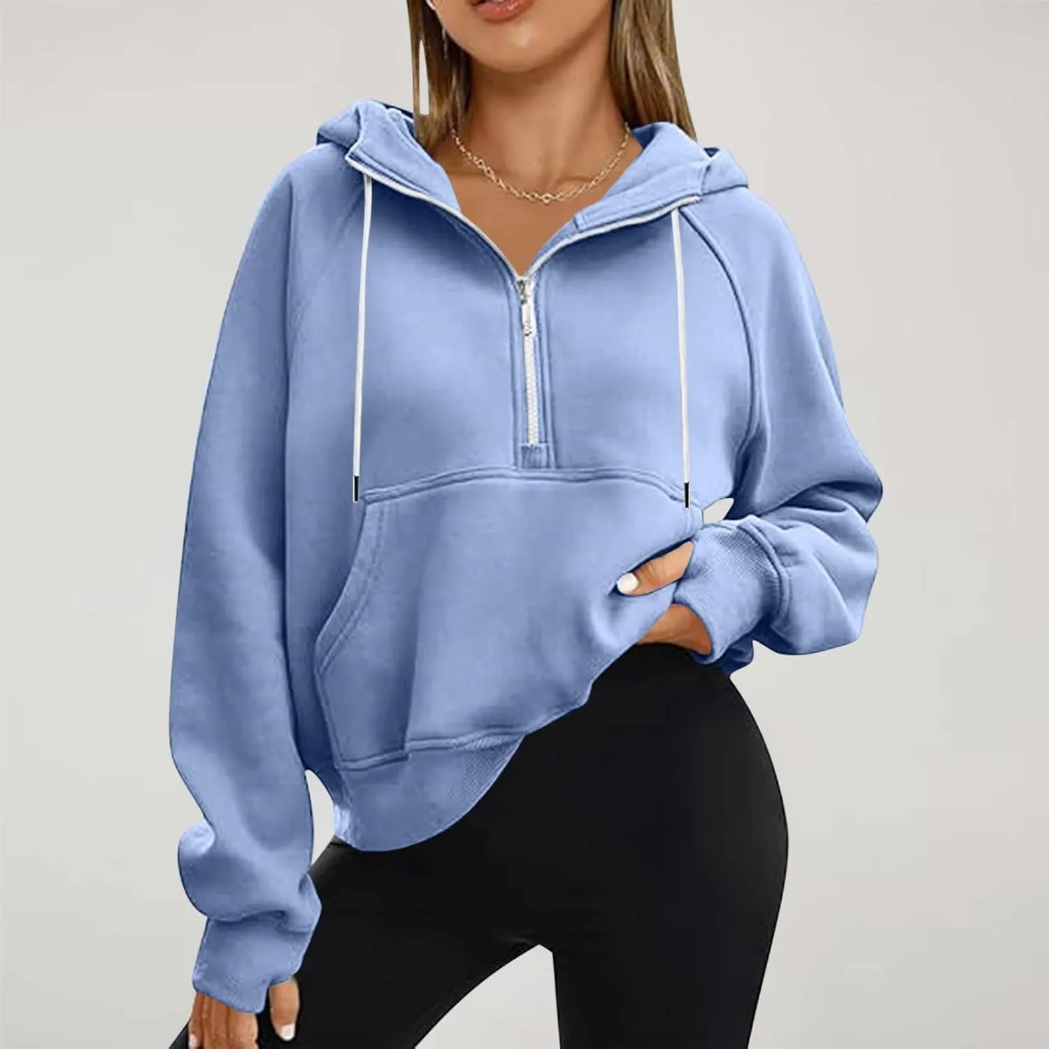Womens Half Zip Up Hoodies Trendy Cropped Long Sleeve Loose Hooded Pullover Sweatshirt Fall y2k Outfits Clothes