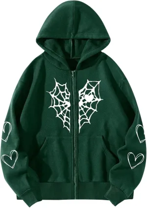Women's Halloween Zip Up Hoodie Funny Spider Net Graphic Y2K Oversized Sweatshirt Goth Punk Jackets Streetwear