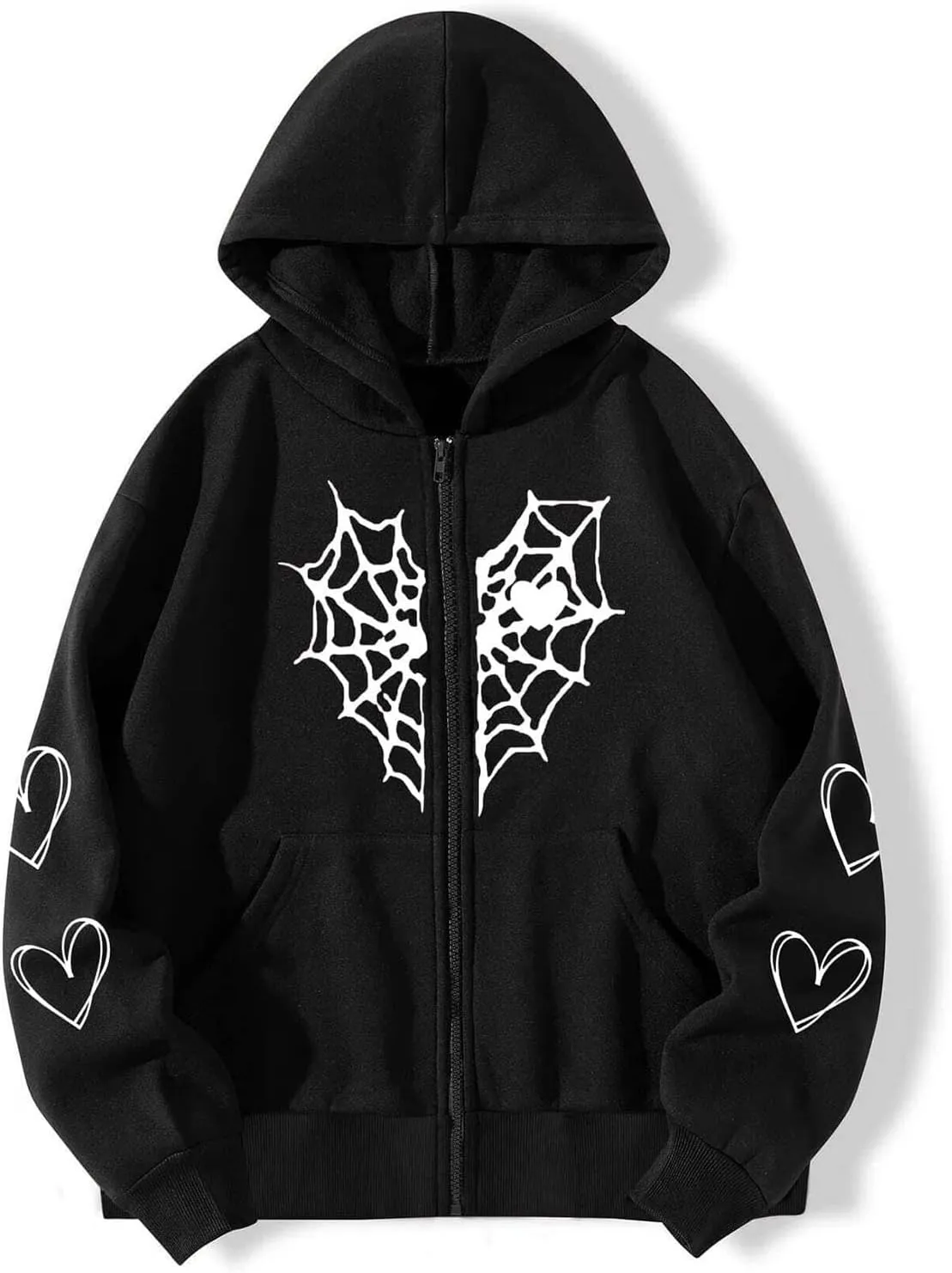 Women's Halloween Zip Up Hoodie Funny Spider Net Graphic Y2K Oversized Sweatshirt Goth Punk Jackets Streetwear