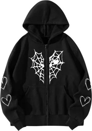 Women's Halloween Zip Up Hoodie Funny Spider Net Graphic Y2K Oversized Sweatshirt Goth Punk Jackets Streetwear