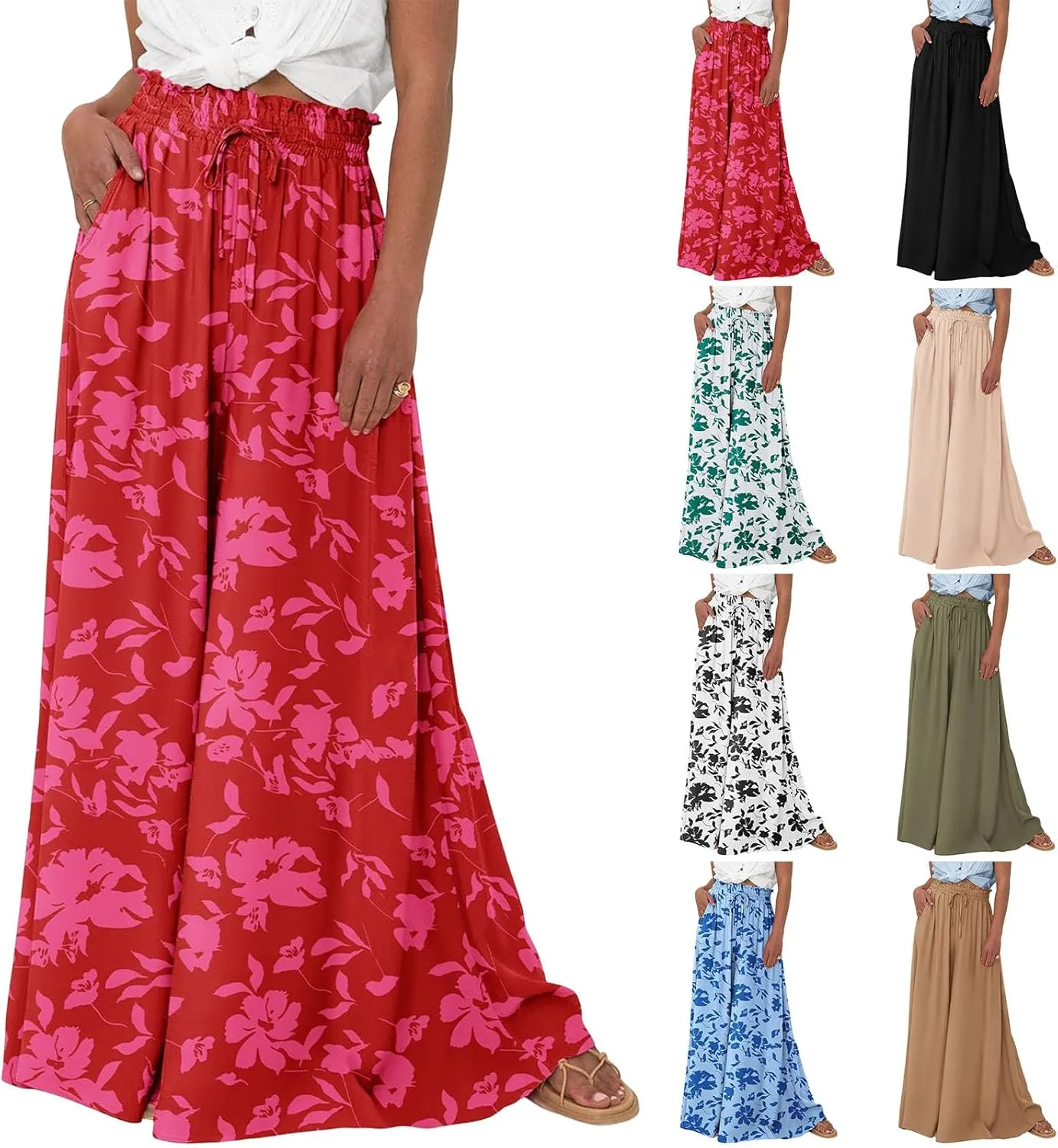 Womens High Waist Wide Leg Pants Summer Pleated Pant Summer Beach Solid Pants Loose Casual Travel Trousers