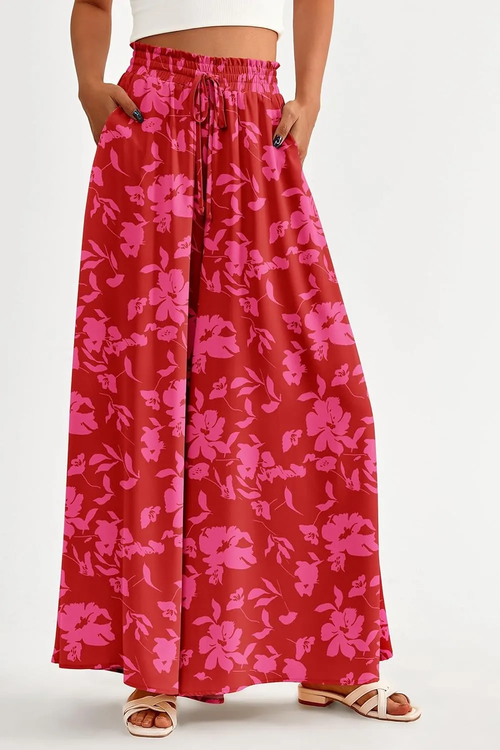 Womens High Waist Wide Leg Pants Summer Pleated Pant Summer Beach Solid Pants Loose Casual Travel Trousers